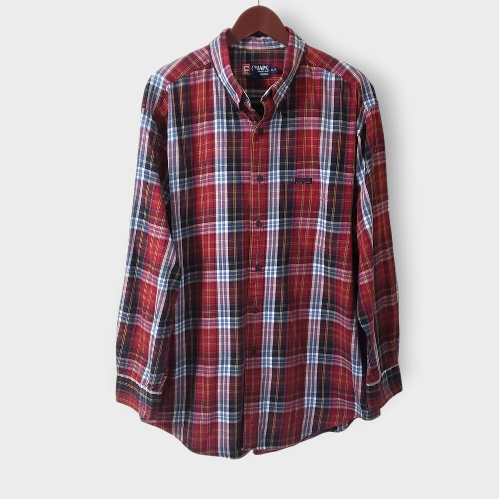 Chaps Ralph Lauren Madras Plaid Button Down Shirt‎  XL Red Pocket Preppy Western